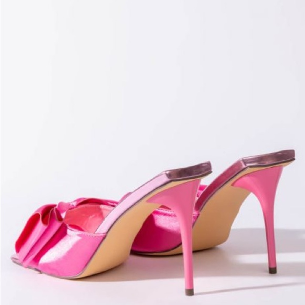 Azalea Wang Pretty in Pink Satin Bow Stiletto High Heel Mule Sandals - Picture 3 of 5